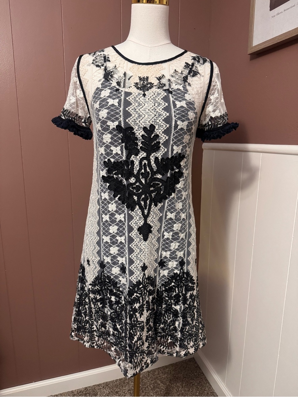 Desigual Vintage Black and Cream Lace Embroidered Mini Dress
